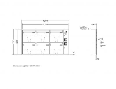 RENZ Briefkastenanlage Unterputz, Eckrahmen, Kastenformat 370x330x145mm, mit Klingel - & Lichttaster und Vorbereitung Gegensprechanlage, 6-teilig, Renz Nummer 10-0-35136