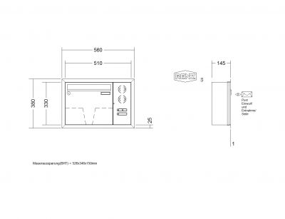 RENZ Briefkastenanlage Unterputz, Eckrahmen, Edelstahl V4A, Kastenformat 370x330x145mm, mit Klingel - & Lichttaster und Vorbereitung Gegensprechanlage, 1-teilig, Renz Nummer 10-0-35138