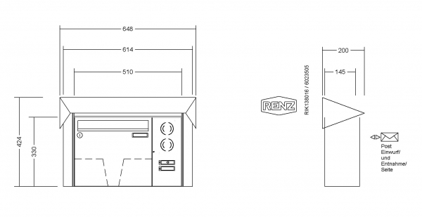 RENZ Briefkastenanlage Aufputz Prisma Edelstahl V4A Kastenformat 370x330x145mm, mit Klingel - & Lichttaster und Vorbereitung Gegensprechanlage, 1-teilig, Renz Nummer 10-0-35964