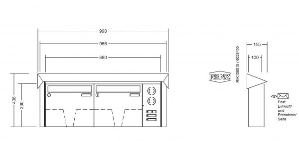 RENZ Briefkastenanlage Aufputz Prisma Edelstahl V4A Kastenformat 370x330x100mm, mit Klingel - & Lichttaster und Vorbereitung Gegensprechanlage, 2-teilig, Renz Nummer 10-0-25852