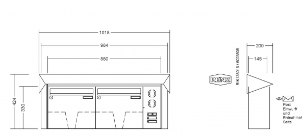 RENZ Briefkastenanlage Aufputz Prisma Edelstahl V4A Kastenformat 370x330x145mm, mit Klingel - & Lichttaster und Vorbereitung Gegensprechanlage, 2-teilig, Renz Nummer 10-0-35965