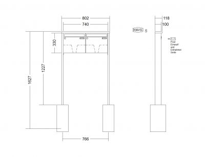 RENZ Briefkastenanlage freistehend, Tetro, Edelstahl, Kastenformat 370x330x100mm, 2-teilig, zum Einbetonieren, Renz Nummer 10-0-10222