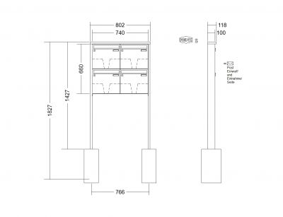 RENZ Briefkastenanlage freistehend, Tetro, Edelstahl, Kastenformat 370x330x100mm, 4-teilig, zum Einbetonieren, Renz Nummer 10-0-10224