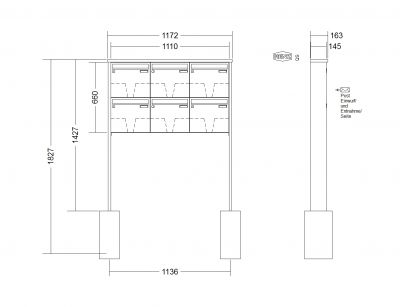 RENZ Briefkastenanlage freistehend, Tetro, Edelstahl, Kastenformat 370x330x145mm, 6-teilig, zum Einbetonieren, Renz Nummer 10-0-10232