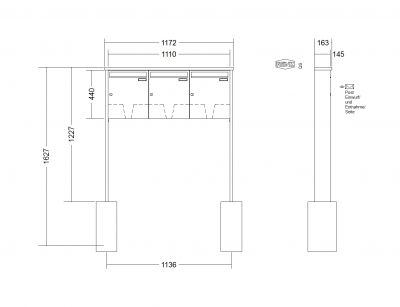 RENZ Briefkastenanlage freistehend, Tetro, Edelstahl, Kastenformat 370x440x145mm, 3-teilig, zum Einbetonieren, Renz Nummer 10-0-10235