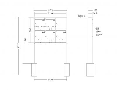 RENZ Briefkastenanlage freistehend, Tetro, Edelstahl, Kastenformat 370x440x145mm, 5-teilig, zum Einbetonieren, Renz Nummer 10-0-10237