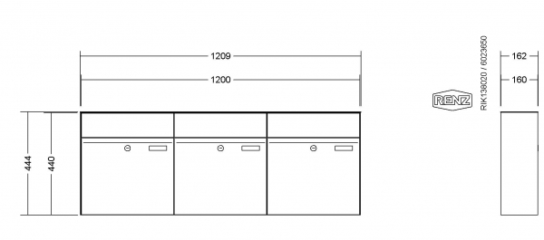 RENZ Briefkastenanlage Aufputz, Renz Plan, Kastenformat 400x440x160mm, 3-teilig, Renz Nummer 60-0-60029