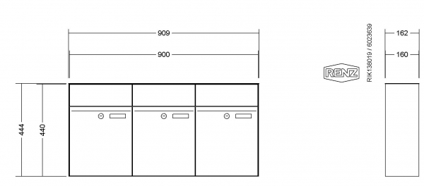 RENZ Briefkastenanlage Aufputz, Renz Plan, Kastenformat 300x440x160mm, 3-teilig, Renz Nummer 60-0-60026