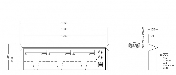 RENZ Briefkastenanlage Aufputz Prisma Edelstahl V4A Kastenformat 370x330x100mm, mit Klingel - & Lichttaster und Vorbereitung Gegensprechanlage, 3-teilig, Renz Nummer 10-0-25853