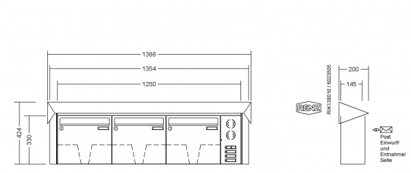 RENZ Briefkastenanlage Aufputz Prisma Edelstahl V4A Kastenformat 370x330x145mm, mit Klingel - & Lichttaster und Vorbereitung Gegensprechanlage, 3-teilig, Renz Nummer 10-0-35966