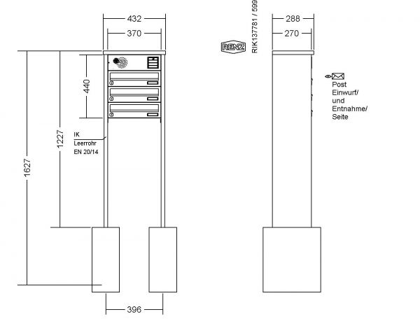 RENZ Briefkastenanlage freistehend, TETRO, Kastenformat 370x110x270mm, 3-teilig, zum Einbetonieren, Vorbereitung Gegensprechanlage