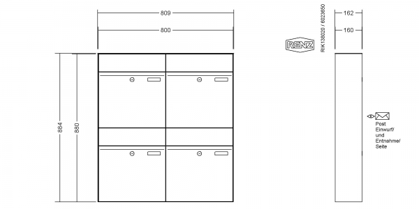 RENZ Briefkastenanlage Aufputz, Renz Plan, Kastenformat 400x440x160mm, 4-teilig, Renz Nummer 60-0-60327