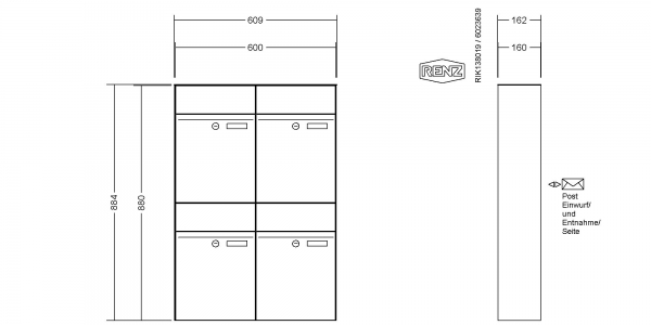 RENZ Briefkastenanlage Aufputz, Renz Plan, Kastenformat 300x440x160mm, 4-teilig, Renz Nummer 60-0-60324