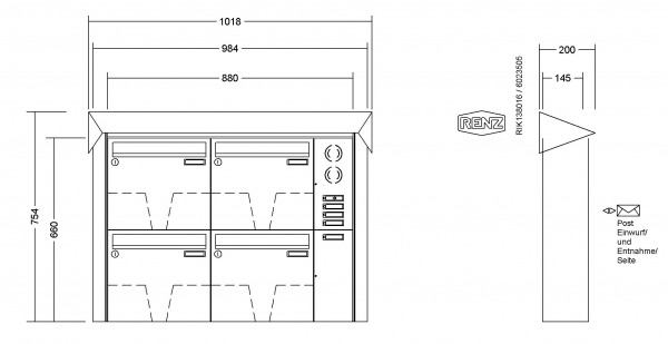 RENZ Briefkastenanlage Aufputz Prisma Edelstahl V4A Kastenformat 370x330x145mm, mit Klingel - & Lichttaster und Vorbereitung Gegensprechanlage, 4-teilig, Renz Nummer 10-0-35967