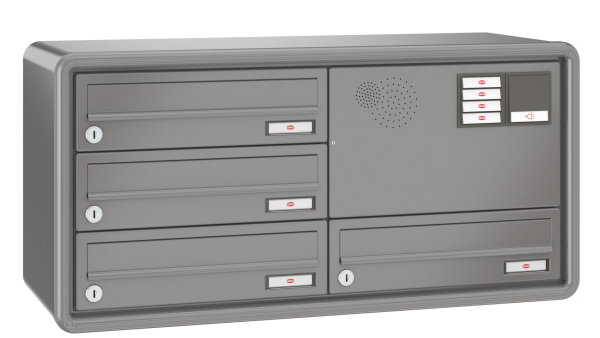 RENZ Briefkastenanlage Aufputz, RS4000, Kastenformat 370x110x270mm, mit Klingel - & Lichttaster und Vorbereitung Gegensprechanlage, 4-teilig