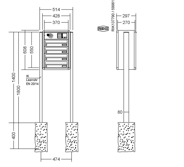 RENZ Briefkastenanlage freistehend, RS4000, Kastenformat 370x110x270mm, 4-teilig, zum Einbetonieren, Vorbereitung Gegensprechanlage