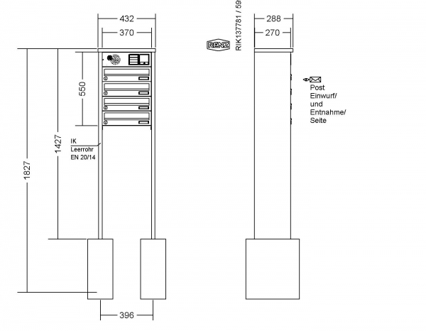 RENZ Briefkastenanlage freistehend, TETRO, Kastenformat 370x110x270mm, 4-teilig, zum Einbetonieren, Vorbereitung Gegensprechanlage