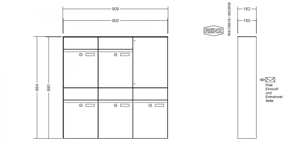 RENZ Briefkastenanlage Aufputz, Renz Plan, Kastenformat 300x440x160mm, 5-teilig, Renz Nummer 60-0-60325