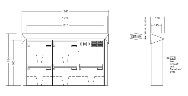 RENZ Briefkastenanlage Aufputz Prisma Edelstahl V4A Kastenformat 370x330x145mm, mit Klingel - & Lichttaster und Vorbereitung Gegensprechanlage, 5-teilig, Renz Nummer 10-0-35968