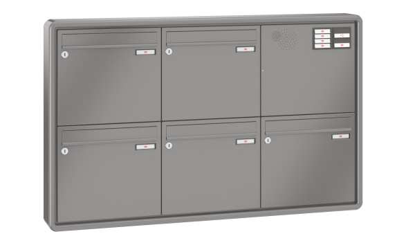 RENZ Briefkastenanlage Aufputz RS2000 Kastenformat 370x330x100mm, mit Klingel - & Lichttaster und Vorbereitung Gegensprechanlage, 5-teilig, Renz Nummer 10-0-25270