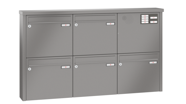 RENZ Briefkastenanlage Aufputz Tetro Kastenformat 370x330x145mm, mit Klingel - & Lichttaster und Vorbereitung Gegensprechanlage, 5-teilig