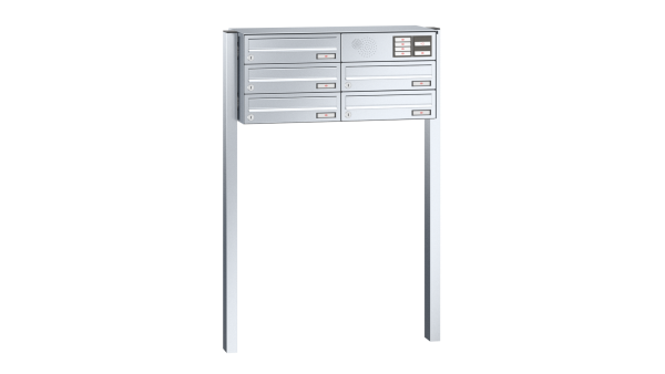 RENZ Briefkastenanlage freistehend, Basic B, Edelstahl V4A, Kastenformat 370x110x270mm, mit Klingel - & Lichttaster und Vorbereitung Gegensprechanlage, 5-teilig, zum Einbetonieren