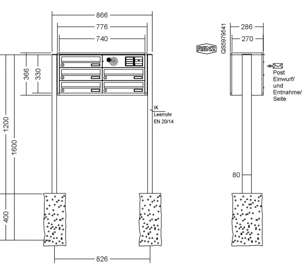 RENZ Briefkastenanlage freistehend, Quadra, Kastenformat 370x110x270mm, 5-teilig, zum Einbetonieren