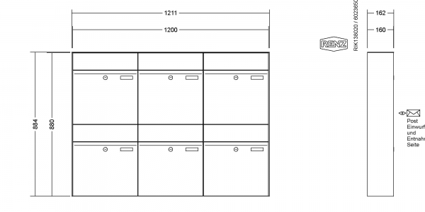 RENZ Briefkastenanlage Aufputz, Renz Plan, Kastenformat 400x440x160mm, 6-teilig, Renz Nummer 60-0-60329