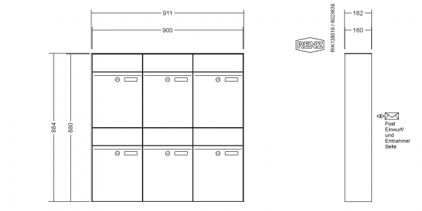 RENZ Briefkastenanlage Aufputz, Renz Plan, Kastenformat 300x440x160mm, 6-teilig, Renz Nummer 60-0-60326