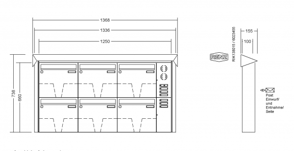 RENZ Briefkastenanlage Aufputz Prisma Edelstahl V4A Kastenformat 370x330x100mm, mit Klingel - & Lichttaster und Vorbereitung Gegensprechanlage, 6-teilig, Renz Nummer 10-0-25856