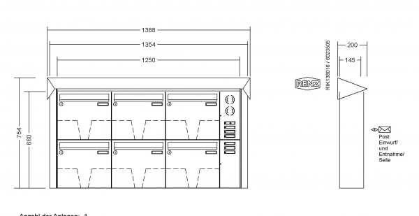 RENZ Briefkastenanlage Aufputz Prisma Edelstahl V4A Kastenformat 370x330x145mm, mit Klingel - & Lichttaster und Vorbereitung Gegensprechanlage, 6-teilig, Renz Nummer 10-0-35969