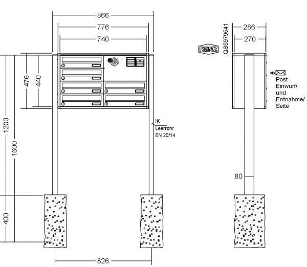 RENZ Briefkastenanlage freistehend, Quadra, Kastenformat 370x110x270mm, 6-teilig, zum Einbetonieren