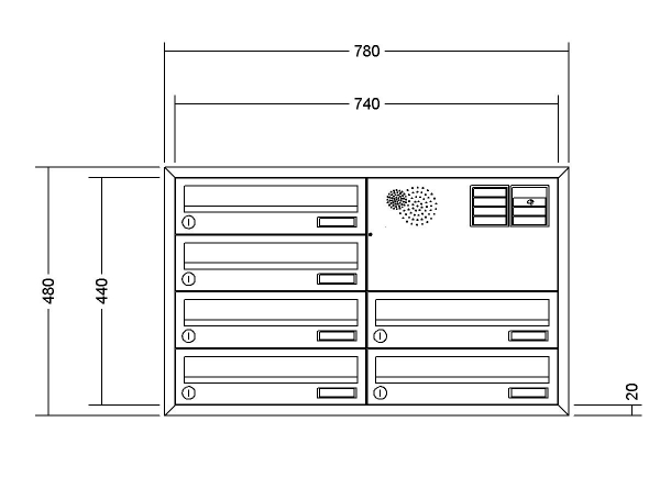 RENZ Briefkastenanlage Unterputz, Winkelputzabdeckrahmen, Kastenformat 370x110x270mm, Vorbereitung Gegensprechanlage, 6-teilig