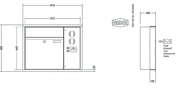 RENZ Briefkastenanlage Unterputz, Renz Plan, Edelstahl V4A, Kastenformat 400x440x160mm, mit Klingel - & Lichttaster und Vorbereitung Gegensprechanlage, 1-teilig, Renz Nummer 60-0-60021