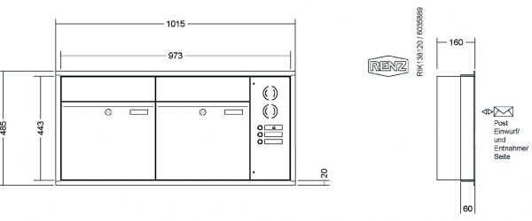 RENZ Briefkastenanlage Unterputz, Renz Plan, Edelstahl V4A, Kastenformat 400x440x160mm, mit Klingel - & Lichttaster und Vorbereitung Gegensprechanlage, 2-teilig, Renz Nummer 60-0-60022