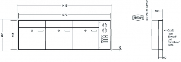 RENZ Briefkastenanlage Unterputz, Renz Plan, Edelstahl V4A, Kastenformat 400x440x160mm, mit Klingel - & Lichttaster und Vorbereitung Gegensprechanlage, 3-teilig, Renz Nummer 60-0-60023