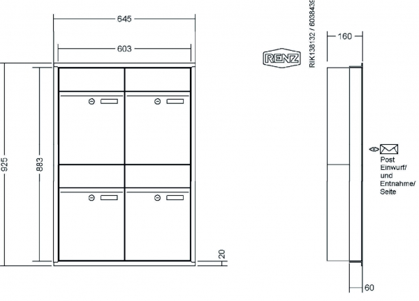 RENZ Briefkastenanlage Unterputz, Renz Plan, Kastenformat 300x440x160mm, 4-teilig, Renz Nummer 60-0-60300