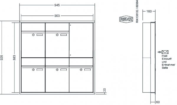 RENZ Briefkastenanlage Unterputz, Renz Plan, Kastenformat 300x440x160mm, 5-teilig, Renz Nummer 60-0-60301