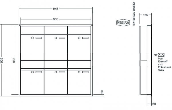 RENZ Briefkastenanlage Unterputz, Renz Plan, Kastenformat 300x440x160mm, 6-teilig, Renz Nummer 60-0-60302