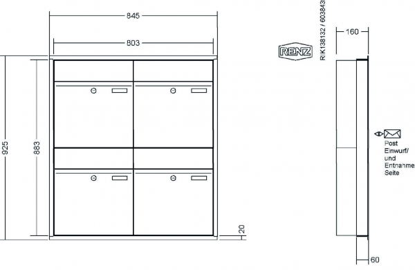 RENZ Briefkastenanlage Unterputz, Renz Plan, Kastenformat 400x440x160mm, 4-teilig, Renz Nummer 60-0-60303