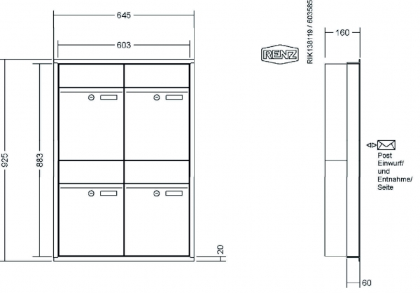 RENZ Briefkastenanlage Unterputz, Renz Plan, Edelstahl V4A, Kastenformat 300x440x160mm, 4-teilig, Renz Nummer 60-0-60306