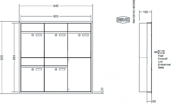 RENZ Briefkastenanlage Unterputz, Renz Plan, Edelstahl V4A, Kastenformat 300x440x160mm, 5-teilig, Renz Nummer 60-0-60307