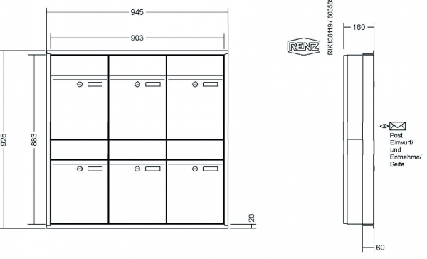 RENZ Briefkastenanlage Unterputz, Renz Plan, Edelstahl V4A, Kastenformat 300x440x160mm, 6-teilig, Renz Nummer 60-0-60308