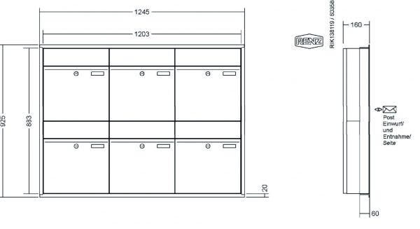 RENZ Briefkastenanlage Unterputz, Renz Plan, Edelstahl V4A, Kastenformat 400x440x160mm, 6-teilig, Renz Nummer 60-0-60311