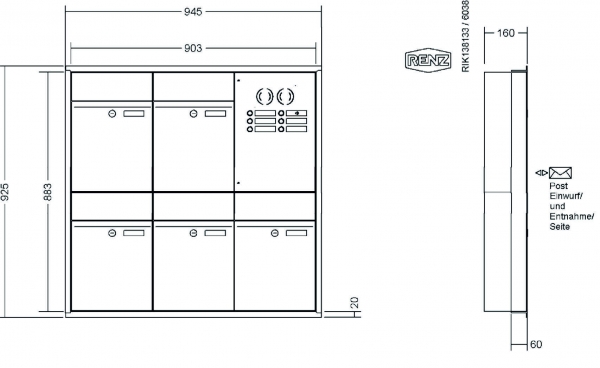 RENZ Briefkastenanlage Unterputz, Renz Plan, Kastenformat 300x440x160mm, mit Klingel - & Lichttaster und Vorbereitung Gegensprechanlage, 5-teilig, Renz Nummer 60-0-60313