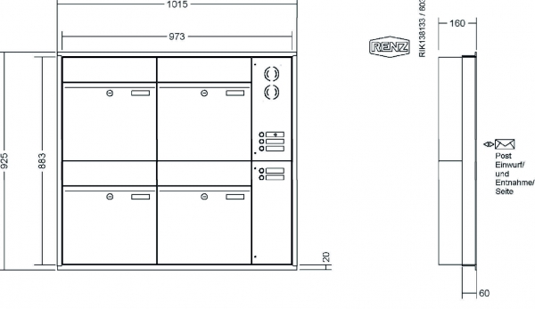 RENZ Briefkastenanlage Unterputz, Renz Plan, Kastenformat 400x440x160mm, mit Klingel - & Lichttaster und Vorbereitung Gegensprechanlage, 4-teilig, Renz Nummer 60-0-60315