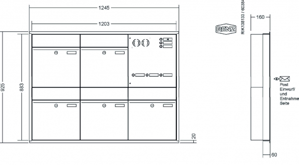 RENZ Briefkastenanlage Unterputz, Renz Plan, Kastenformat 400x440x160mm, mit Klingel - & Lichttaster und Vorbereitung Gegensprechanlage, 5-teilig, Renz Nummer 60-0-60316