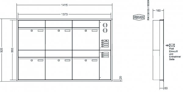 RENZ Briefkastenanlage Unterputz, Renz Plan, Kastenformat 400x440x160mm, mit Klingel - & Lichttaster und Vorbereitung Gegensprechanlage, 6-teilig, Renz Nummer 60-0-60317