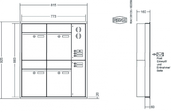 RENZ Briefkastenanlage Unterputz, Renz Plan, Edelstahl V4A, Kastenformat 300x440x160mm, mit Klingel - & Lichttaster und Vorbereitung Gegensprechanlage, 4-teilig, Renz Nummer 60-0-60318