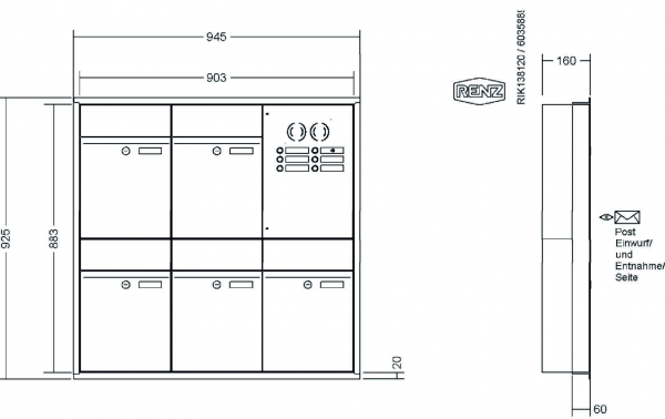 RENZ Briefkastenanlage Unterputz, Renz Plan, Edelstahl V4A, Kastenformat 300x440x160mm, mit Klingel - & Lichttaster und Vorbereitung Gegensprechanlage, 5-teilig, Renz Nummer 60-0-60319